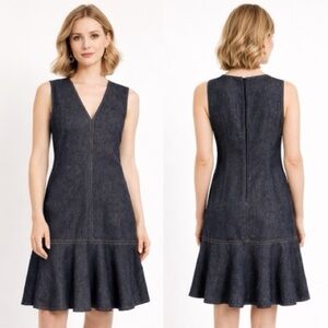 Derek Lam Indigo Linen Blend Denim V-Neck Flounce Hem Dress 4